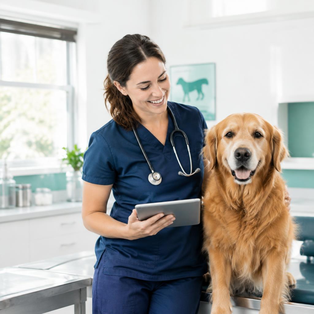 Veterinaria con su paciente en la clínica